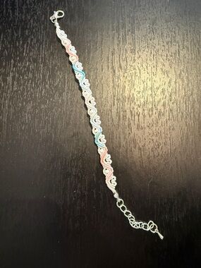 Handmade White Braided Bracelet with Pink & Blue Accents